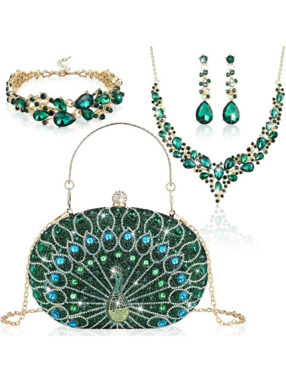Elegant Rhinestone Jewelry Set - 4 Pcs Purse Accessories, Classic Peacock Green
